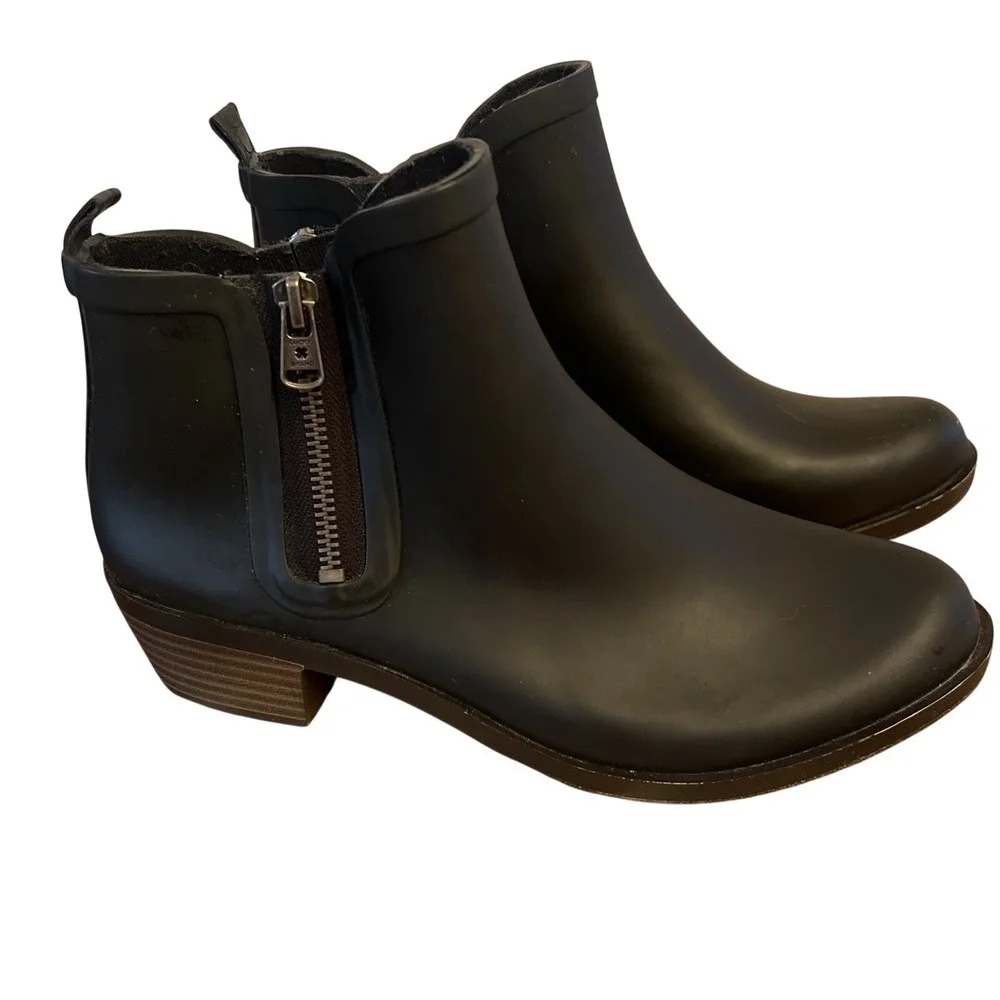 Lucky Brand Baselrain Black Rubber Waterproof Zip Ankle Boots Women Size‎ 8M